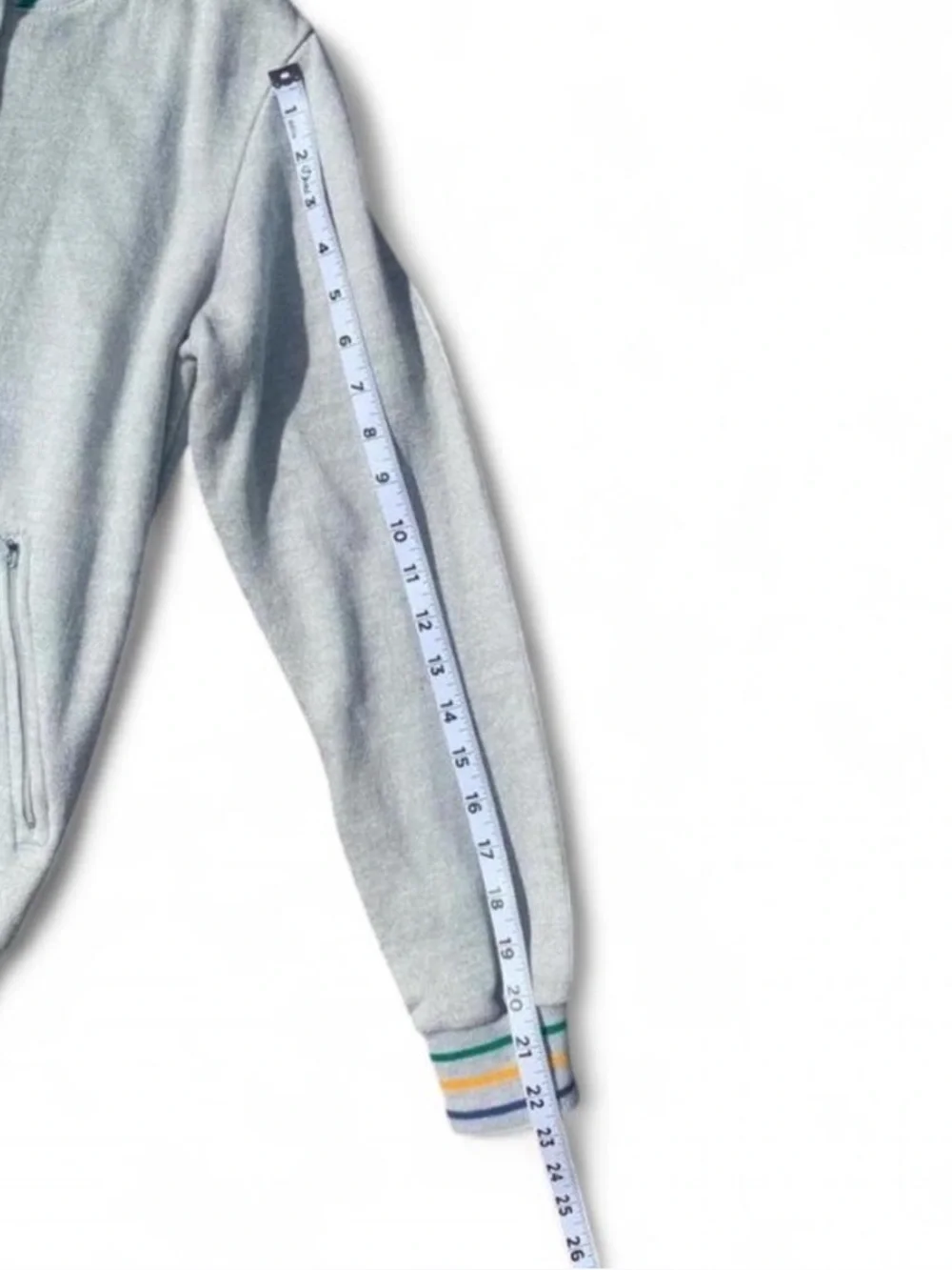 Preppy Vintage Varsity Jacket Heather Gray with Green, Yellow, and Blue Stripes